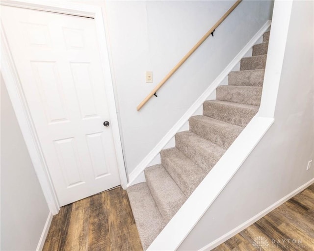 staircase with hardwood / wood-style floors