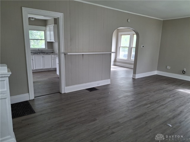 interior space with crown molding, wooden walls, dark hardwood / wood-style floors, and sink