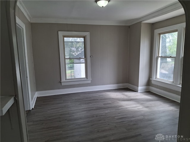 empty room featuring wooden walls, crown molding, and dark wood-type flooring