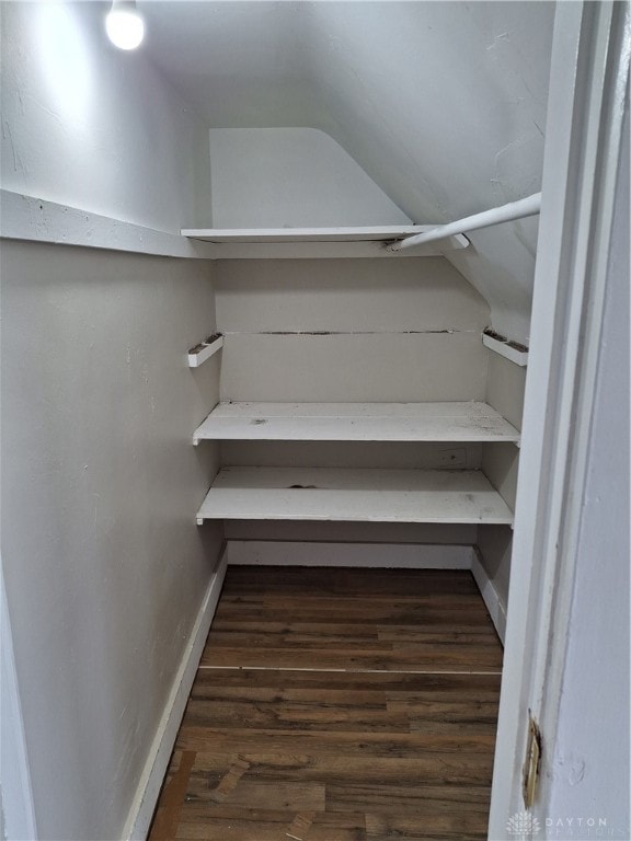 spacious closet with lofted ceiling and dark hardwood / wood-style floors