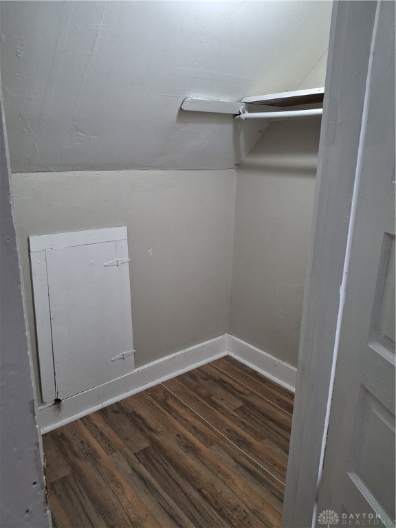 spacious closet with lofted ceiling and dark wood-type flooring