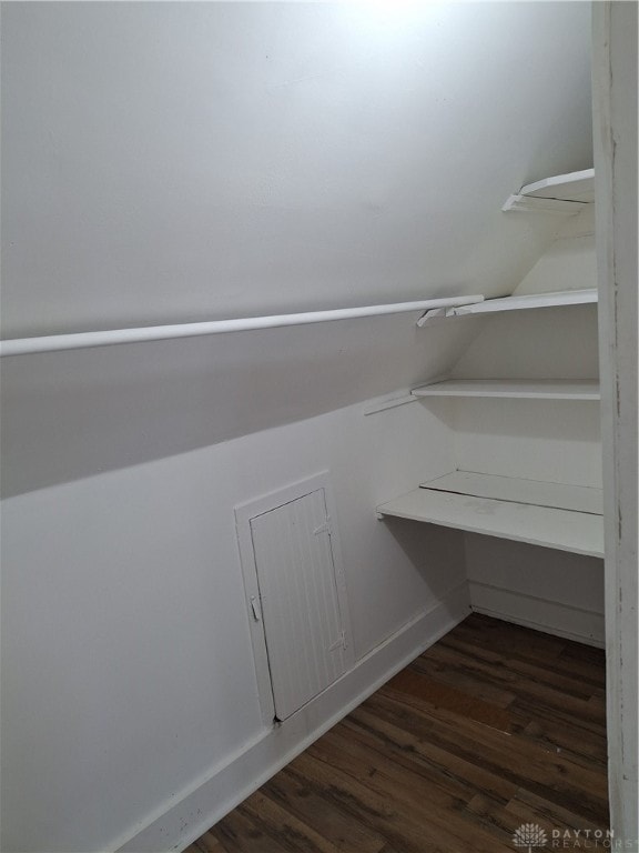 spacious closet with lofted ceiling and dark wood-type flooring