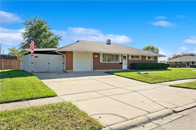 ranch-style house featuring a garage and a front yard