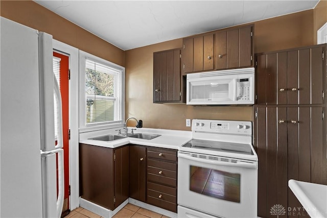 kitchen with dark brown cabinetry, white appliances, sink, and light tile patterned floors