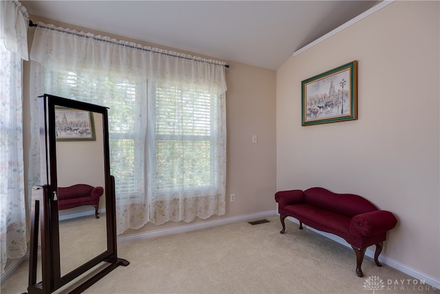 living area featuring light colored carpet and vaulted ceiling