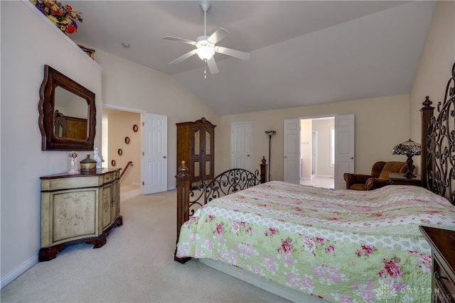 bedroom featuring light carpet, ceiling fan, and vaulted ceiling