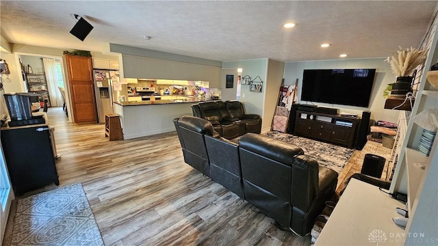 living room with a textured ceiling and light hardwood / wood-style floors