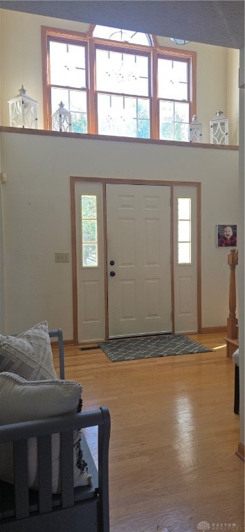 entrance foyer featuring hardwood / wood-style flooring, a high ceiling, and a wealth of natural light