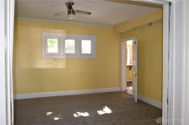 carpeted empty room featuring ceiling fan and ornamental molding