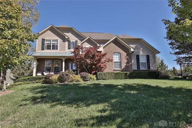 craftsman inspired home featuring a front yard and covered porch