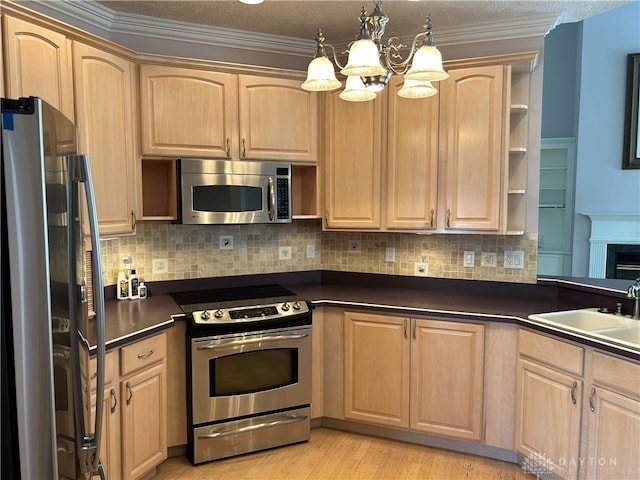 kitchen with light brown cabinets, sink, ornamental molding, light hardwood / wood-style flooring, and appliances with stainless steel finishes