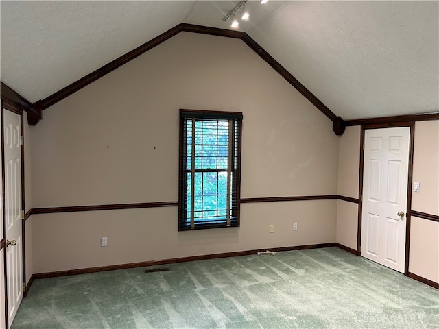 carpeted spare room featuring lofted ceiling and a textured ceiling