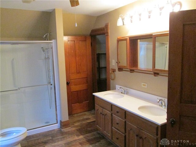 204 N Main St, Lewisburg, OH 45338 - bathroom with wood finished floors, a stall shower, double vanity, and toilet