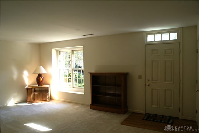 entryway with plenty of natural light and light carpet