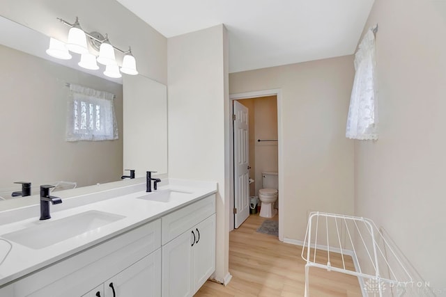 bathroom with wood-type flooring, vanity, and toilet