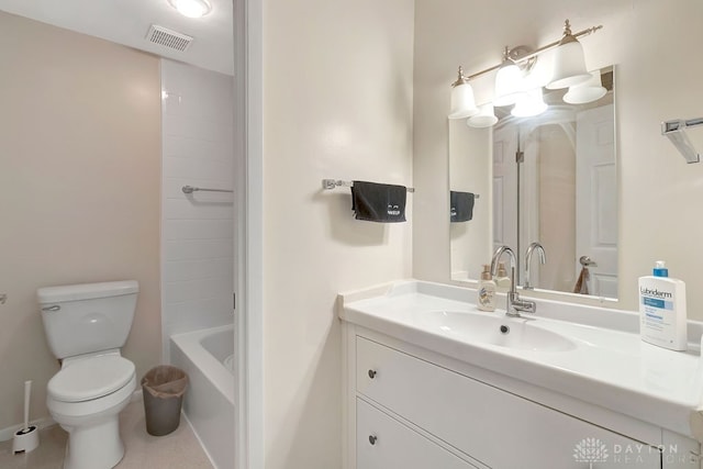 full bathroom with shower / tub combination, vanity, and toilet