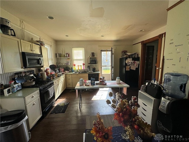 kitchen with dark hardwood / wood-style flooring and black appliances