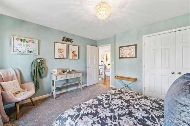 bedroom with light carpet and a closet