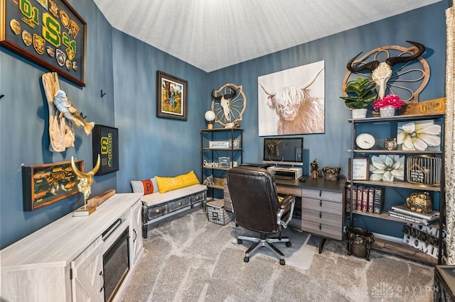 office area with carpet floors and a textured ceiling