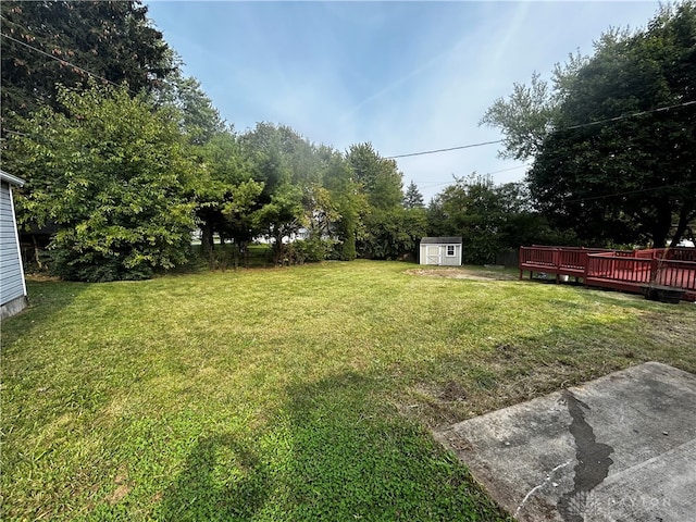 view of yard featuring a deck and a storage unit