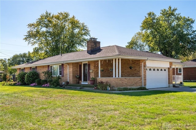 single story home with a front yard, a garage, and covered porch