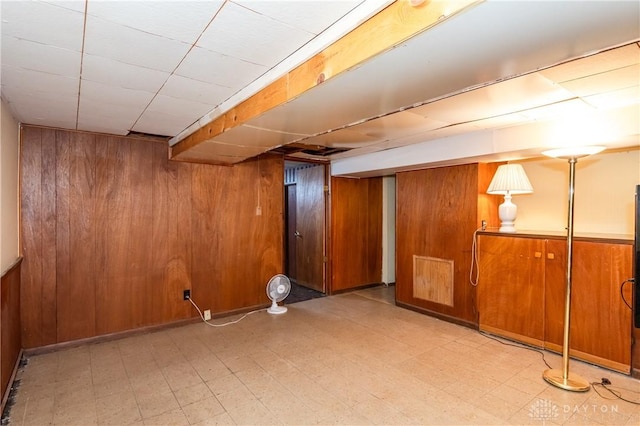 basement with wooden walls