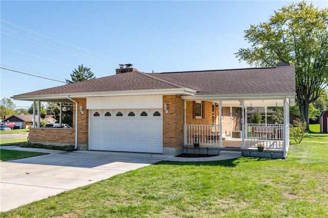 ranch-style home with a front yard, a garage, and covered porch