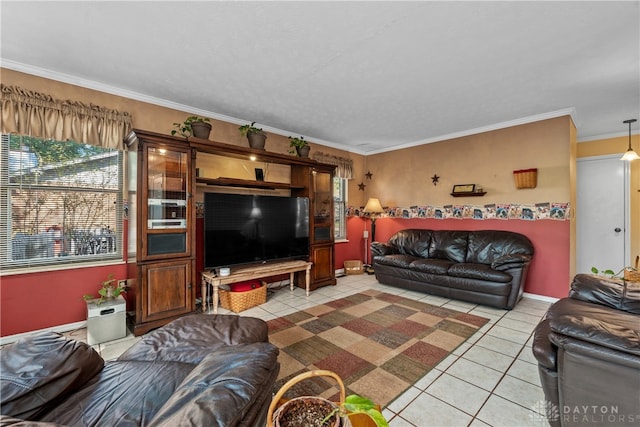 tiled living room featuring ornamental molding