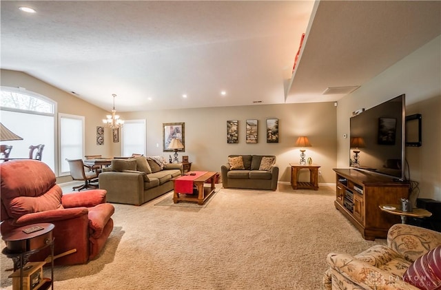 living room featuring visible vents, recessed lighting, vaulted ceiling, light carpet, and a chandelier