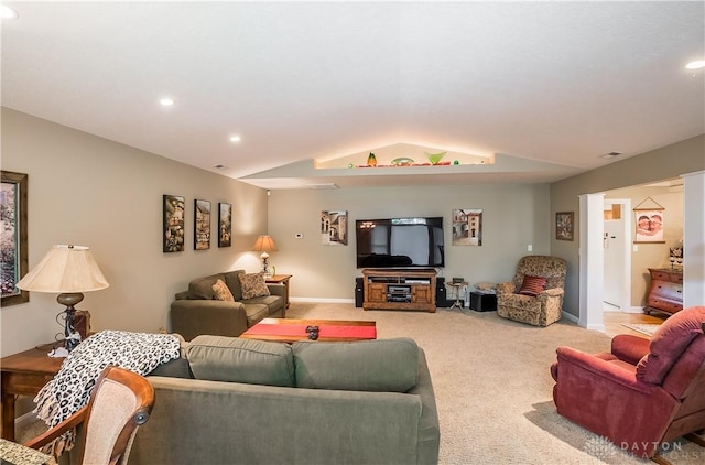 living room featuring recessed lighting, baseboards, lofted ceiling, and light colored carpet