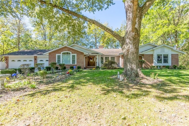 ranch-style house with a front yard, brick siding, a garage, and a chimney