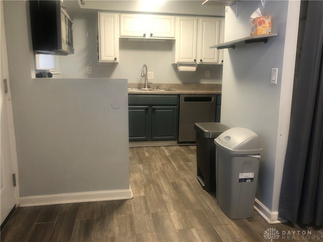 kitchen featuring sink, white cabinets, stainless steel dishwasher, and dark hardwood / wood-style floors