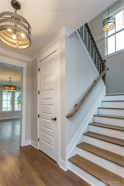 stairs featuring a notable chandelier, hardwood / wood-style flooring, crown molding, and a wealth of natural light