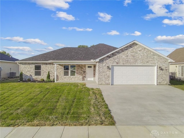 ranch-style house with a garage, a front yard, and central AC