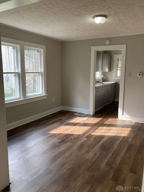 spare room with sink, plenty of natural light, dark hardwood / wood-style floors, and a textured ceiling