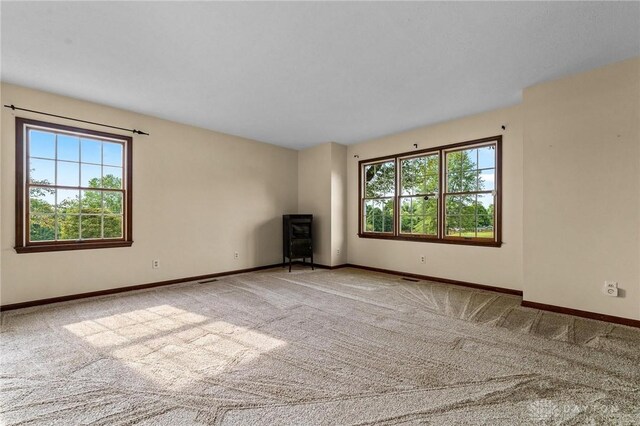 carpeted spare room featuring a wood stove and a wealth of natural light