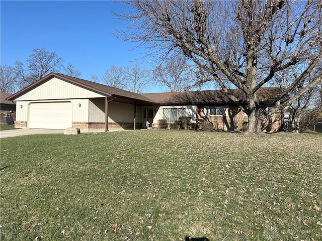 single story home featuring a front yard and a garage