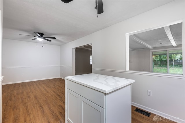 kitchen with ceiling fan, white cabinetry, and hardwood / wood-style floors