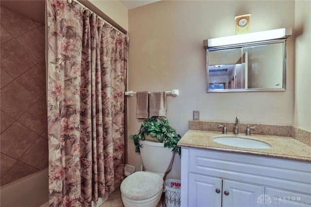 full bathroom with vanity, shower / bathtub combination with curtain, and toilet