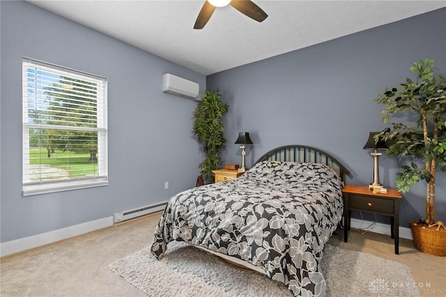 bedroom featuring baseboard heating, ceiling fan, carpet floors, and an AC wall unit