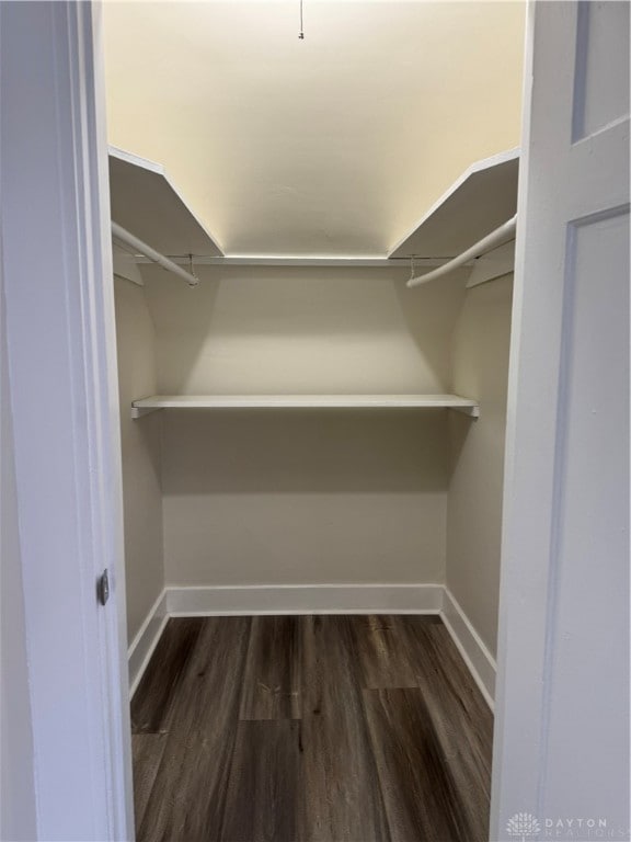 walk in closet with dark hardwood / wood-style floors