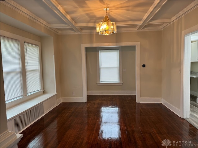 spare room featuring beam ceiling, coffered ceiling, dark wood-type flooring, and a chandelier