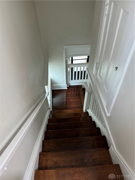 staircase with hardwood / wood-style flooring