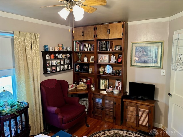 sitting room with crown molding, dark hardwood / wood-style flooring, and ceiling fan