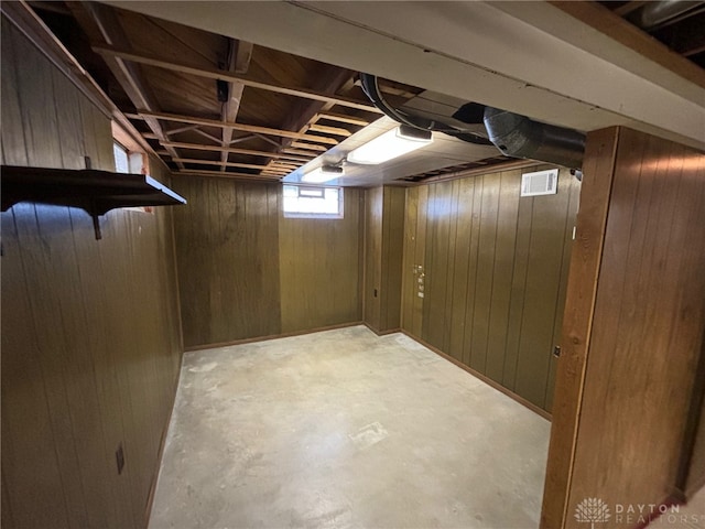 basement with wood walls