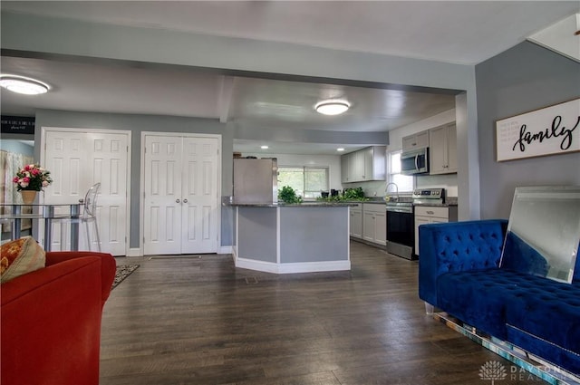 kitchen with dark hardwood / wood-style flooring, white cabinetry, and stainless steel appliances