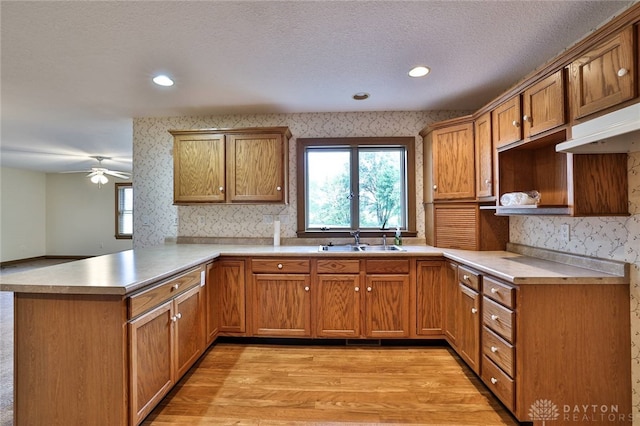 kitchen featuring sink, tasteful backsplash, light hardwood / wood-style flooring, kitchen peninsula, and a textured ceiling