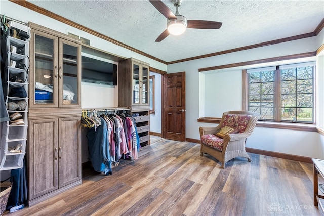 walk in closet featuring wood-type flooring and ceiling fan