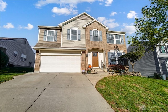 view of front of house featuring a front lawn, a garage, brick siding, and driveway