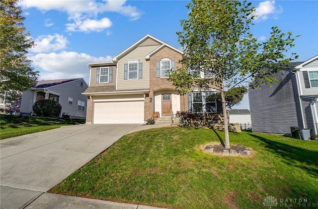 traditional home featuring concrete driveway, an attached garage, brick siding, and a front yard